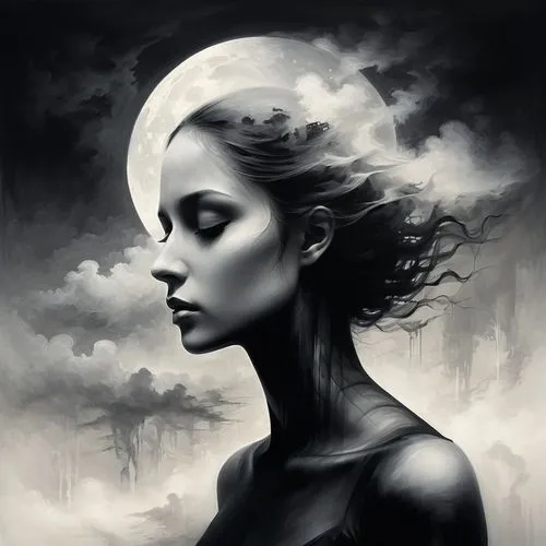 selene,mystical portrait of a girl,dark art,melancholia,behenna,hekate,dark angel,persephone,moonshadow,isoline,moonsorrow,moonlit,unseelie,lacombe,deviantart,nocte,moonless,moonlit night,moonbeam,charcoal drawing,Illustration,Realistic Fantasy,Realistic Fantasy 17