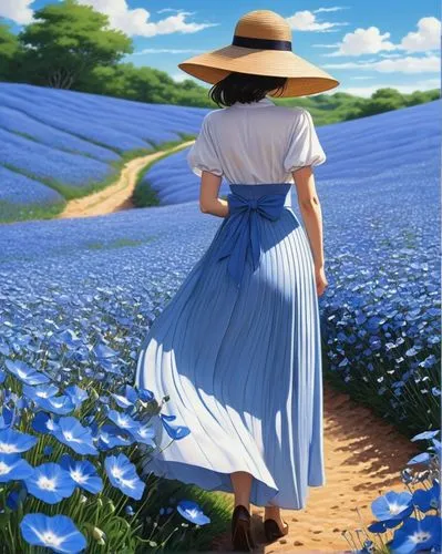 blooming field,field of flowers,blue flax,forget-me-not,flower field,linseed,valensole,flowers field,girl picking flowers,blue daisies,blue painting,country dress,jane austen,cornflower field,straw hat,perennial flax,blue bell,marguerite,flowers of the field,summer day,Conceptual Art,Daily,Daily 16