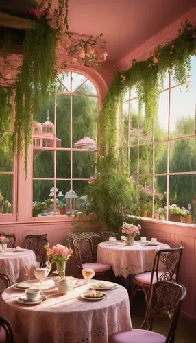 Quaint pink willow cafe, afternoon sunlight, warm cozy atmosphere, delicate lace curtains, soft pink walls, elegant chandeliers, ornate wooden tables, vintage floral patterned chairs, steaming cups of