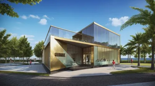 Architectural perspective, Clubhouse in a residential community having contemporary design style, gym, lounge, children play area, kids playing, people walking,Clubhouse Design with Bronze panel cladd