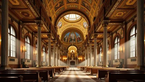 Intricate arches, ornate carvings, golden mosaics, grand domes, richly textured stonework, Byzantine-inspired frescoes, vibrant apse decorations, elegant columns, ornamental capitals, majestic vaulted