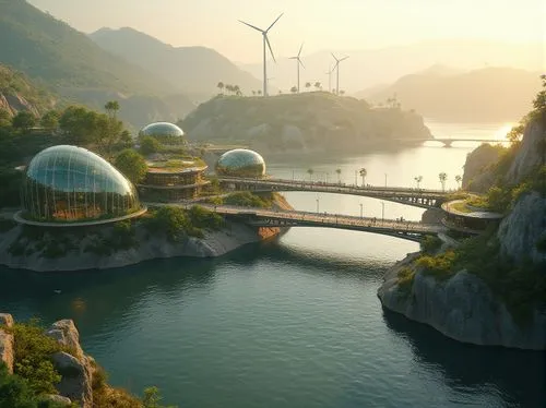 futuristic landscape,hydropower plant,naboo,ecotopia,hydroelectricity,hydropower,biosphere,futuristic architecture,europacorp,coccoliths,riverworld,sse,hydroelectric,arcology,renewable energy,waterpower,terraformed,cryengine,artificial islands,dorne,Photography,General,Realistic