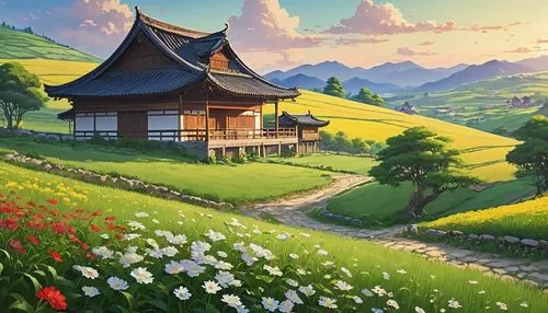 studio ghibli,landscape background,home landscape,meadow landscape,japan landscape,the valley of flowers,rural landscape,mountain scene,roof landscape,alpine pastures,salt meadow landscape,springtime background,mountain landscape,golden pavilion,farm background,mountain village,japanese background,countryside,summer meadow,asian architecture,Photography,General,Realistic