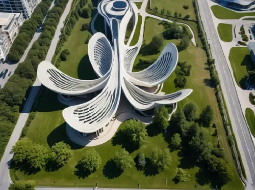 people are walking in pathway area and seating in garden area,the architectural structure of an office building sits in a green park,futuristic architecture,futuristic art museum,calatrava,futuroscope