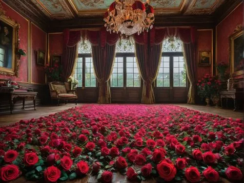 flower carpet,ornate room,red carnations,danish room,rose petals,splendor of flowers,Photography,General,Fantasy