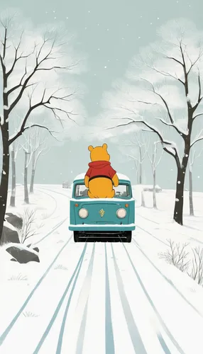 Transport Winnie the Pooh to a snowy, winter wonderland and depict him enjoying a snowy adventure.,christmas retro car,snow scene,winter trip,snow plow,snowplow,winter background,winter tires,sled,gol