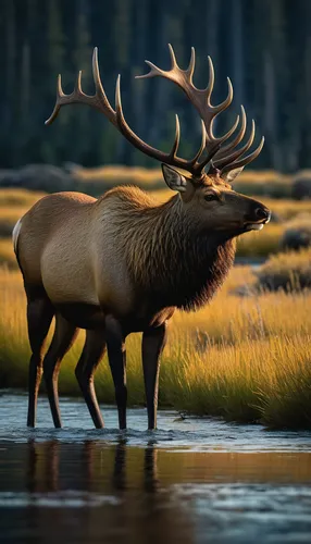 A majestic bull elk stands gracefully next to the tranquil Madison River.,elk,bull elk resting,elk bull,bull elk next to madison river,elk reposing on lateral moraine,glowing antlers,male deer,bull mo