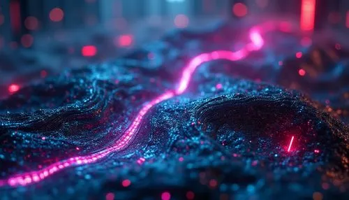 High-tech futuristic fabric design, metallic sheen, iridescent colors, neon lights, glowing threads, robotic patterns, cyberpunk inspiration, 3D printed texture, holographic effects, LED embedded, ref