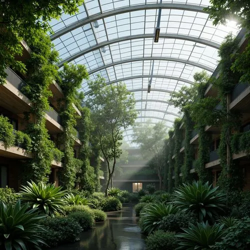 Lush greenery, tropical plants, misty atmosphere, warm humid climate, modern greenhouse architecture, curved glass roofs, steel frames, automatic ventilation systems, solar-powered fans, natural conve