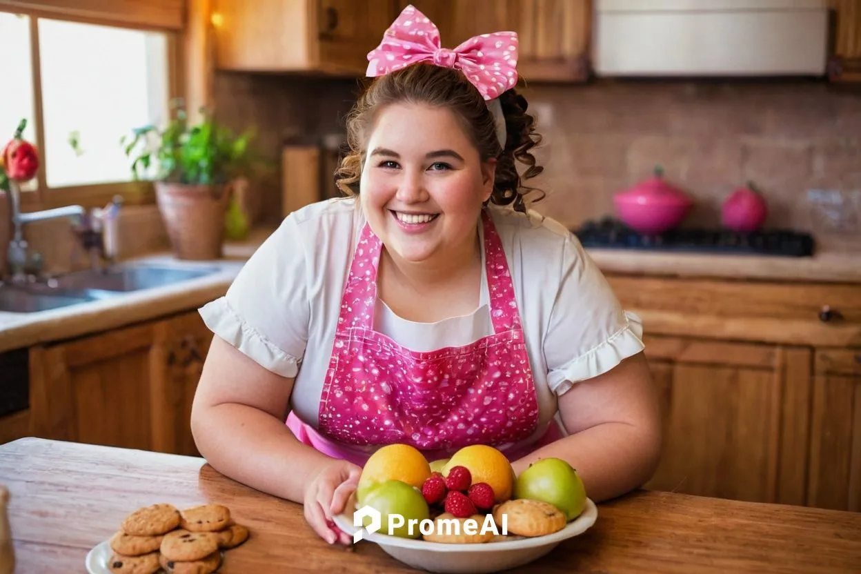 Female, chubby, cute, stuffed belly, smiling face, rosy cheeks, curly brown hair, ponytail, pink dress, white apron, big bow on head, sitting, kitchen, wooden table, fruit basket, pastry, cookies, war