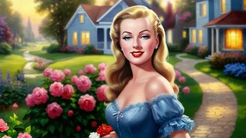 masterpiece romantic oil painting, cute girl portrait, 1950's style kistch, classic tradwife, nostalgic vintage retro scenery, rural suburban town landscape, by Thomas Kinkade, high res,dorthy,connie 