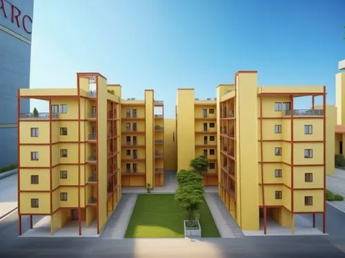 Low cost housing, Green garden between buildings, pedestrian pathway around the garden, Vehicular road in front ,a rendered 3d image of an orange building with a courtyard,amrapali,apartment buildings