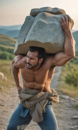 a man carries a heavy stone on his back, he wears shirt and trousers,man with  carrying rock over his head,balanced boulder,boulders,strongman,sisyphus,kabbara,mousasi,Photography,General,Realistic