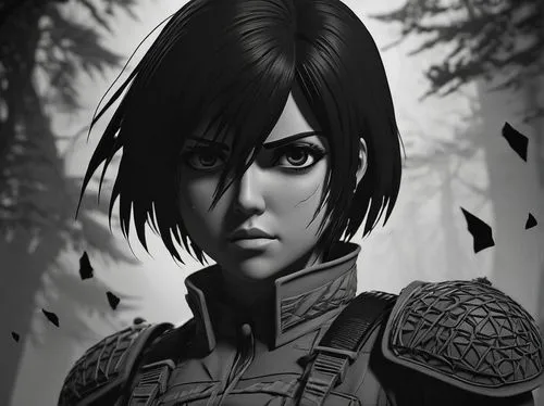 Mikasa Ackerman, solo, 3D model, strong jawline, short black hair, piercing eyes, sharp facial features, military uniform, 3D rendered, high poly, anime style, dramatic lighting, cinematic composition