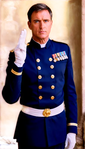 Mature man, salute gesture, serious facial expression, short brown hair, blue eyes, formal navy uniform, gold buttons, white gloves, standing at attention, straight posture, soft focus, natural lighti