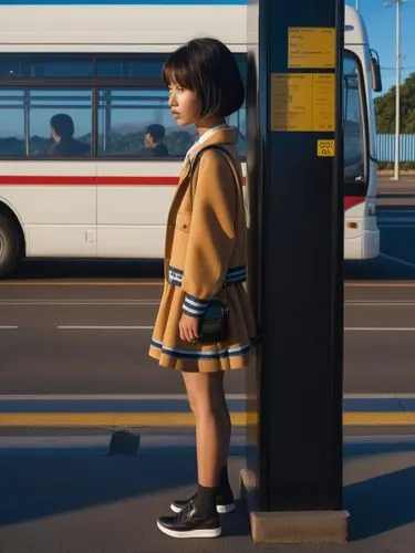 a person standing next to a bus station,bus stop,busstop,school bus,bus shelters,girl walking away,a pedestrian,Photography,General,Realistic