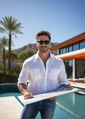 Male, architectural designer, 30s, casual wear, blue jeans, white shirt, black glasses, messy brown hair, holding a large blueprint, standing in front of a modern villa, Orange County, California, sun