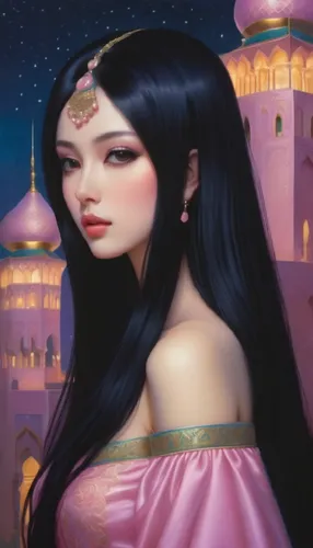 hair gently sways in the wind,a woman with long black hair and makeup is in front of a building with towers,rem in arabian nights,sheherazade,oriental princess,gothel,scheherazade,persia