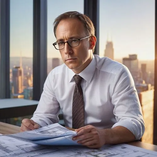 Professional architect, middle-aged man, serious expression, black-rimmed glasses, short brown hair, suited, white shirt, tie, holding blueprints, sitting at a wooden desk, modern office background, c