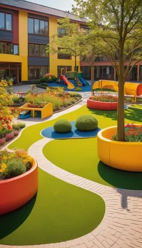 Colorful kindergarten, bright yellow walls, large windows, rounded edges, wooden playground equipment, climbing frames, swings, slides, sandbox, artificial turf, vibrant flower beds, sunny day, soft n