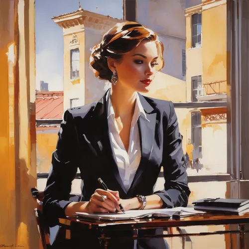 Sleek and professional for an interview.,woman at cafe,italian painter,woman drinking coffee,girl studying,woman sitting,meticulous painting,girl at the computer,businesswoman,oil painting,woman think