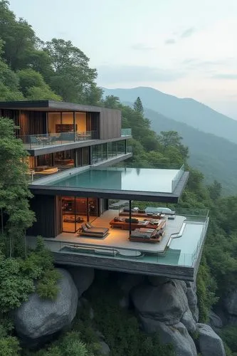 house in mountains,amanresorts,fallingwater,house in the mountains,cantilevered,forest house,Photography,General,Realistic