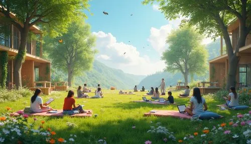 meditators,yoga class,clover meadow,idyllic,thatgamecompany,kindergarten,summer meadow,world digital painting,hanami,springtime background,summer day,meadow play,schoolyard,field of flowers,green meadow,dandelion hall,dormitory,yoga day,spring background,spring morning,Photography,General,Realistic