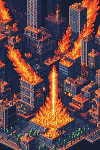 8-bit illustration of an urban city on fire, video game level, daytime,city in flames,fire background,fire land,burning of waste,inferno,fire disaster,apocalypse,apocalyptic,honolulu,explosion destroy