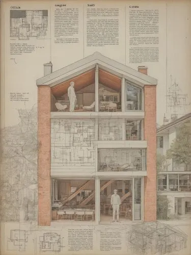 A page from a modern magazine about architecture with a lot of text, cottege, lines pointing to parts of the building, detailed architecture, lots of details, graphs


,a drawing of a modern apartment