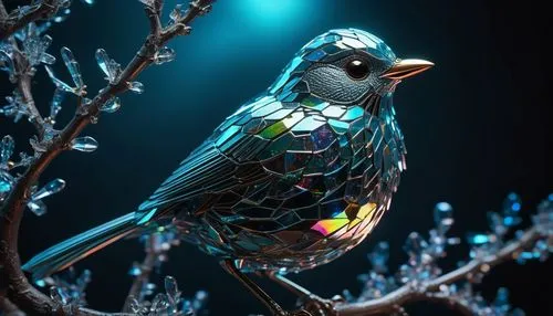 Highly detailed shot of an (((iridescence))) crystal sculpture in the shape of a European robin on a crystal tree branch, often associated with the arrival of spring. In folklore, the robin is sometim