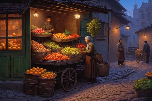 fruit market,medieval market,merchant,greengrocer,village shop,fruit stand,marketplace,vendors,cart of apples,the market,vegetable market,medieval street,souk,market,bazaar,farmer's market,grocer,vendor,fruit stands,village life,Illustration,Realistic Fantasy,Realistic Fantasy 27