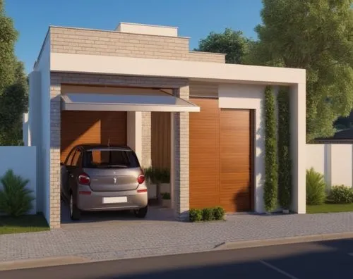 create this house , "just the building with garage" apenas parte inferior da casa,a grey car is parked in a garage,carports,carport,3d rendering,residential house,residencial,exterior decoration,Photo