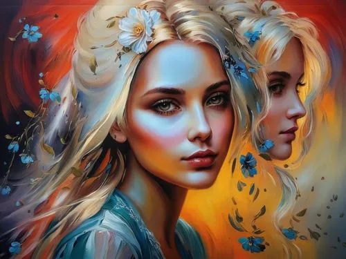 oil painting on canvas,fantasy art,three flowers,mystical portrait of a girl,oil painting,fantasy portrait,twin flowers,art painting,boho art,elven flower,faery,four seasons,girl in flowers,romantic portrait,golden flowers,oil on canvas,fineart,splendor of flowers,flower art,young women,Illustration,Paper based,Paper Based 04