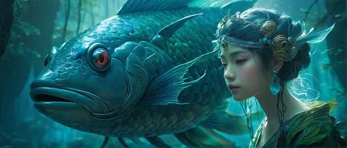 Mononoke, Umibozu, Spirit of the Sea, mythical creature, half-human half-fish, majestic horns, flowing seaweed hair, intricate shell earrings, shimmering aqua scales, delicate fins, oceanic aura, mist