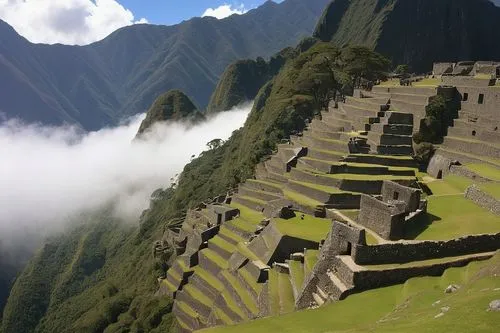 Inca ruins, Machu Picchu, ancient citadel, stone walls, intricate stonework, stepped agricultural terraces, narrow pathways, Incan architectural style, granite blocks, mortarless construction, trapezo