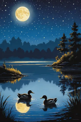 canada geese,night scene,waterfowls,moonlit night,waterfowl,david bates,american black duck,evening lake,swan lake,wild ducks,wild geese,duck on the water,the night of kupala,water fowl,ducks  geese and swans,swans,mallards,moon night,canadian swans,trumpeter swans,Illustration,Children,Children 05