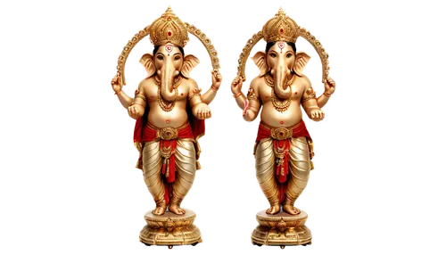 Hindu god Ganesha, Indian mythology, elephant head, four arms, golden crown, necklace, red vermilion mark on forehead, detailed wrinkles, auspicious thread on wrist, ornate pedestal, soft lighting, wa