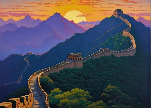 great wall of china,great wall,great wall wingle,travel poster,china,chinese art,dragon bridge,huashan,tigers nest,wall,chinese background,mountainous landscape,dongfang meiren,golden bridge,chinese clouds,mountain landscape,yuan,chinese strahlengriffel,pla,scenic bridge,Art,Classical Oil Painting,Classical Oil Painting 14