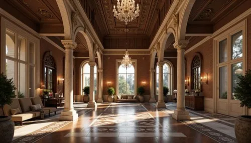 entrance hall,hallway,cochere,luxury home interior,ballroom,ritzau,rosecliff,gleneagles hotel,lobby,royal interior,foyer,ornate room,sursock,neoclassical,3d rendering,amanresorts,palladianism,baccarat,enfilade,corridor