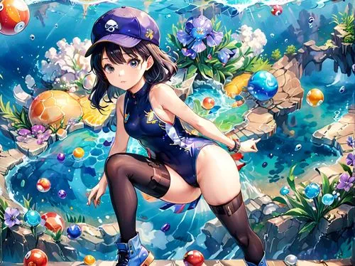 woman wearing one piece swimsuit  with iris agate pattern. She is wearing platform ankle boots., ball cap, thigh high stockings

,anime anime girl playing with bubbles and balls,ecolo,iku,filia,chiono