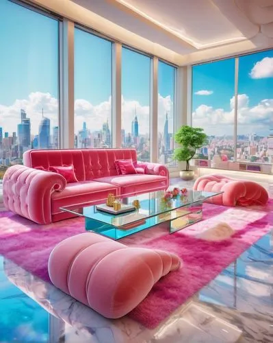 penthouses,apartment lounge,sky apartment,pink chair,living room,livingroom,great room,modern living room,luxe,modern decor,luxury,luxurious,luxury real estate,chaise lounge,opulently,interior design,pink leather,luxury suite,lounges,luxury property,Illustration,Japanese style,Japanese Style 02