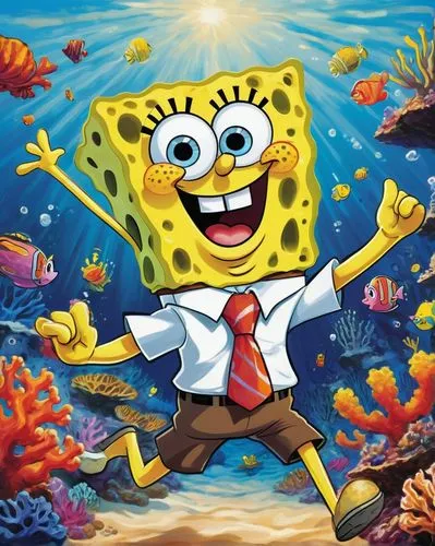 SpongeBob SquarePants, Bikini Bottom, excited expression, blue eyes, yellow skin, porous body, white shirt with a red tie, brown square pants, enthusiastic gesture, jumping, energetic pose, colorful c