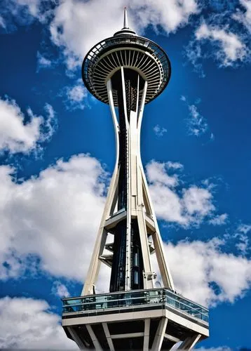 Seattle Space Needle, lego bricks, futuristic architecture, urban landscape, blue sky, white clouds, sunny day, afternoon light, vibrant colors, detailed textures, geometric shapes, symmetrical compos