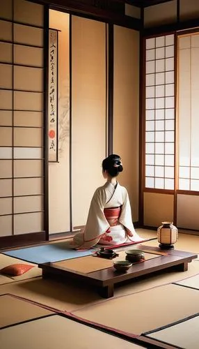 Traditional Japanese-style room, Tatami mat floor, Shoji screen door, sliding doors made of rice paper, low seating table, tea ceremony setup, Japanese lantern, Kimono dress, Obi sash, Getas sandals, 