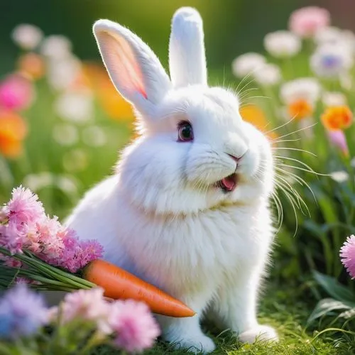 Happy bunny AI, cute face, twitching nose, bright shiny eyes, fluffy white fur, pink ears, sitting pose, holding a carrot, surrounded by colorful flowers, green grass, sunny day, soft warm light, 3/4 