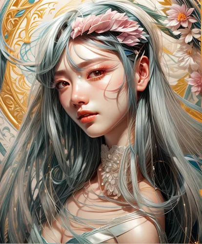 fantasy portrait,zodiac sign libra,flower fairy,amano,mint blossom,flora,fallen petals,elven flower,white blossom,flowers celestial,blooming wreath,wreath of flowers,floral wreath,faerie,virgo,masquerade,falling flowers,mystical portrait of a girl,petals,flower girl