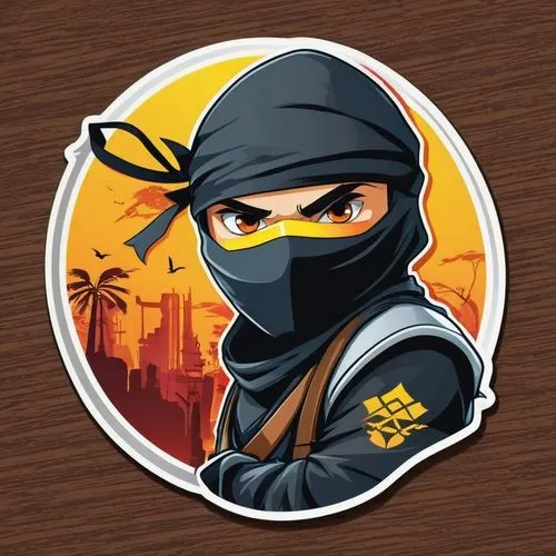 sticker ninja,sticker on wood depicting a man with a ninja mask and a city in the background,aqim,bandit theft,balaclava,gameloft,counterterrorist,pubg mascot,Unique,Design,Sticker