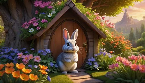 cartoon rabbit,bunny on flower,lapine,peter rabbit,cartoon bunny,fairy door,Conceptual Art,Fantasy,Fantasy 03