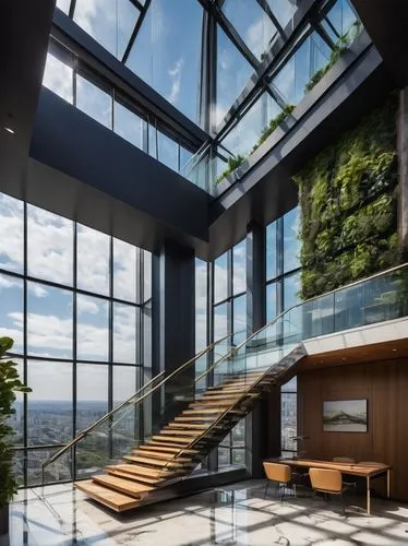 modern office,snohetta,glass wall,atriums,forest house,outside staircase,modern house,glass facade,penthouses,modern architecture,interior modern design,glass building,weyerhaeuser,stairwell,house in mountains,structural glass,landscaped,cubic house,tree top path,daylighting,Illustration,Japanese style,Japanese Style 11