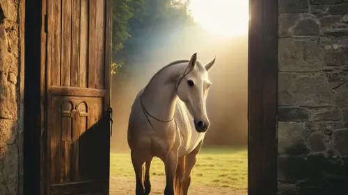 horse standing majestically at an old traditional open wooden door, the front part of the horse is in the bright sun, and the back part of the horse in the shadow inside the door, we are looking at th